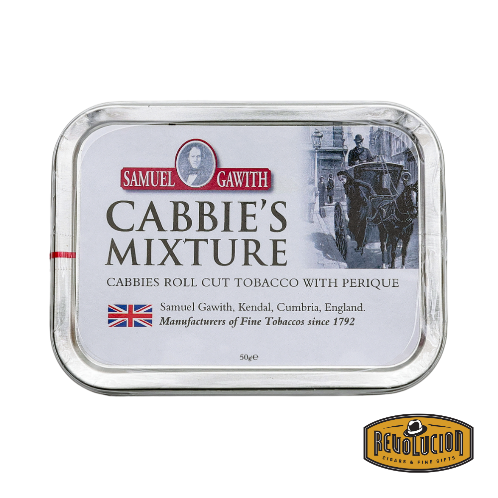 Samuel Gawith Cabbies Roll Cut Pipe Tobacco – 50g tin featuring traditional branding and filled with neatly sliced coins of Virginia and Perique tobaccos in a classic roll-cut presentation.