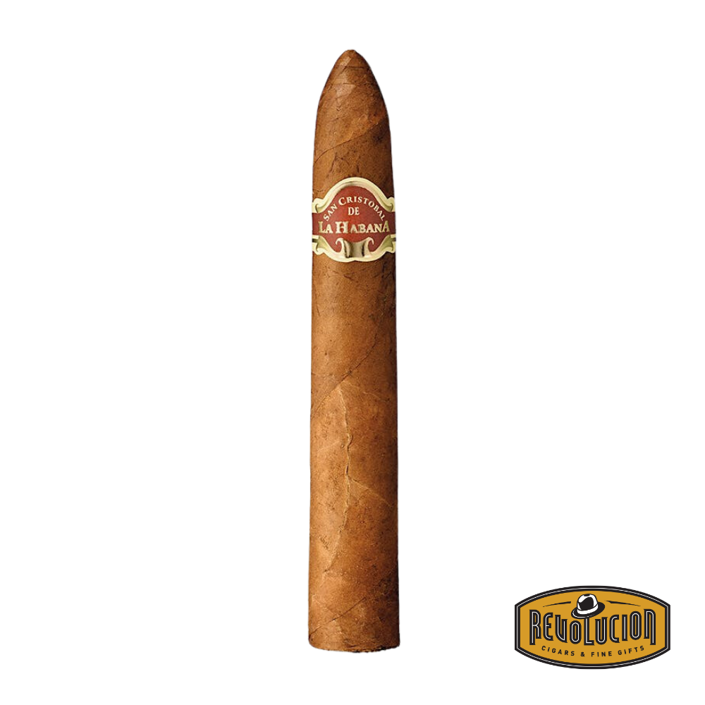 San Cristobal La Punta Cuban cigar featuring a sleek, slightly tapered shape and a smooth, light-brown wrapper with a detailed band showcasing its premium origin.