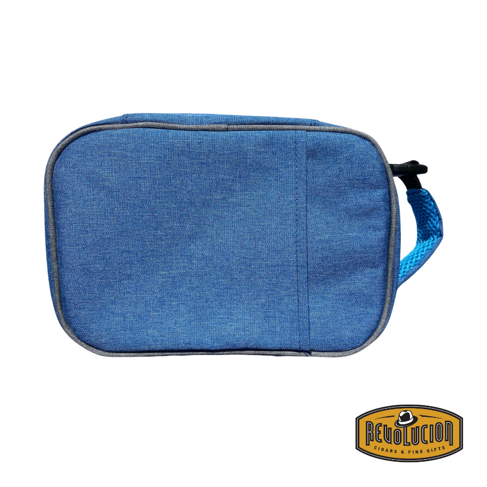 Sea blue travel toiletry case with a minimalist design, durable fabric exterior, and woven carrying strap.