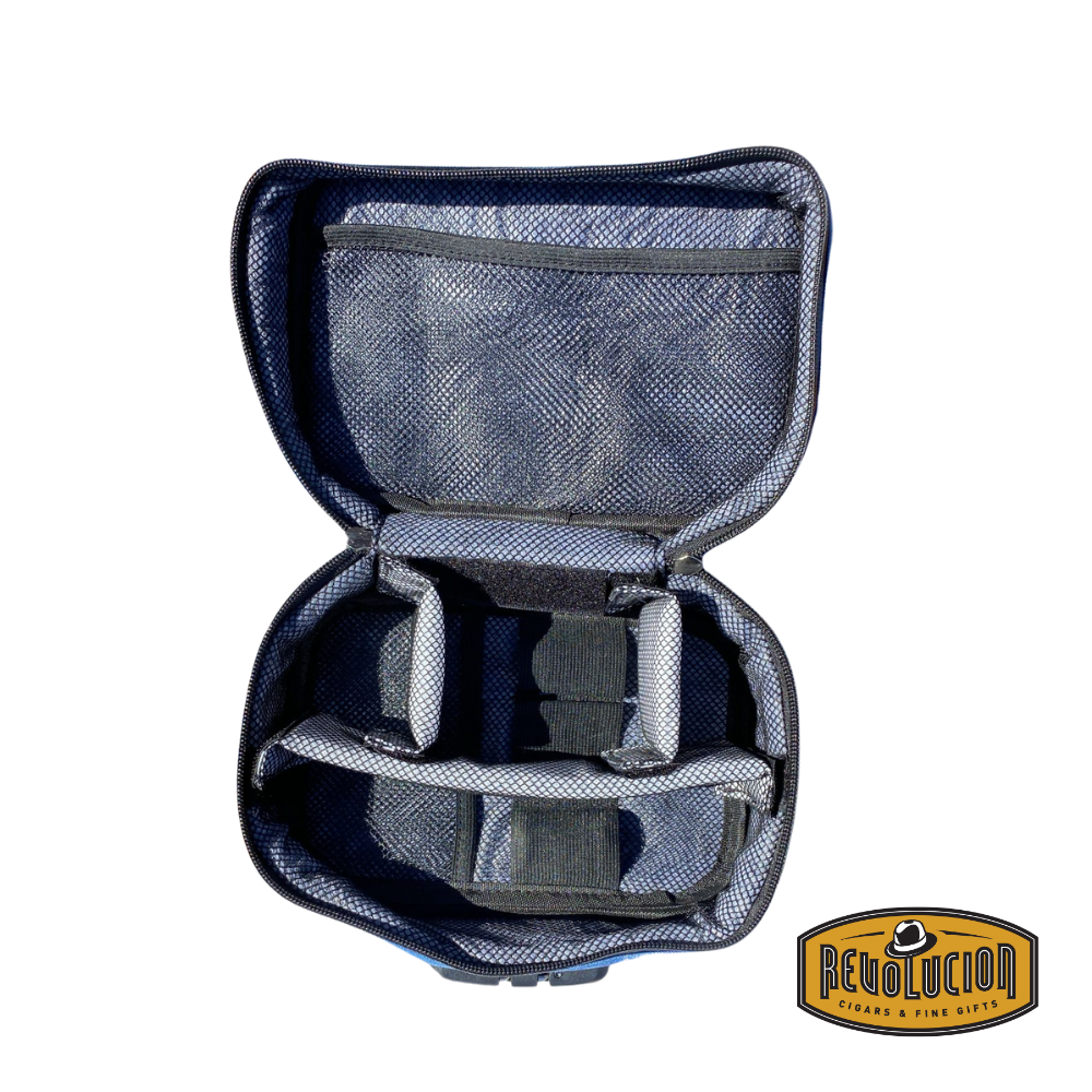 Interior of the sea blue toiletry bag showing structured compartments, mesh pockets, and elastic holders for efficient travel organization.