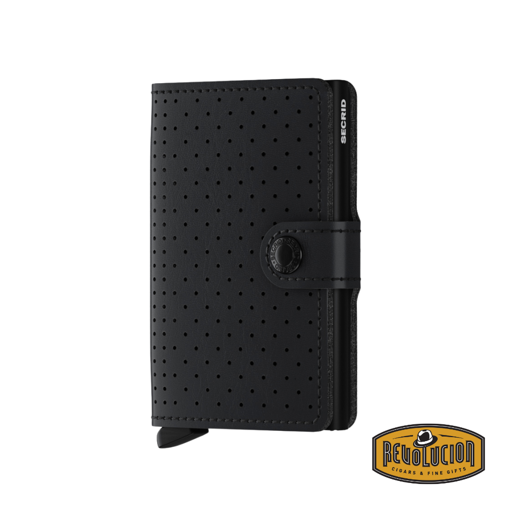 Secrid Miniwallet RFID Perforated Black - Front Closed: A compact and stylish Secrid Miniwallet in perforated black leather, featuring RFID protection and a secure aluminum cardholder for quick access.