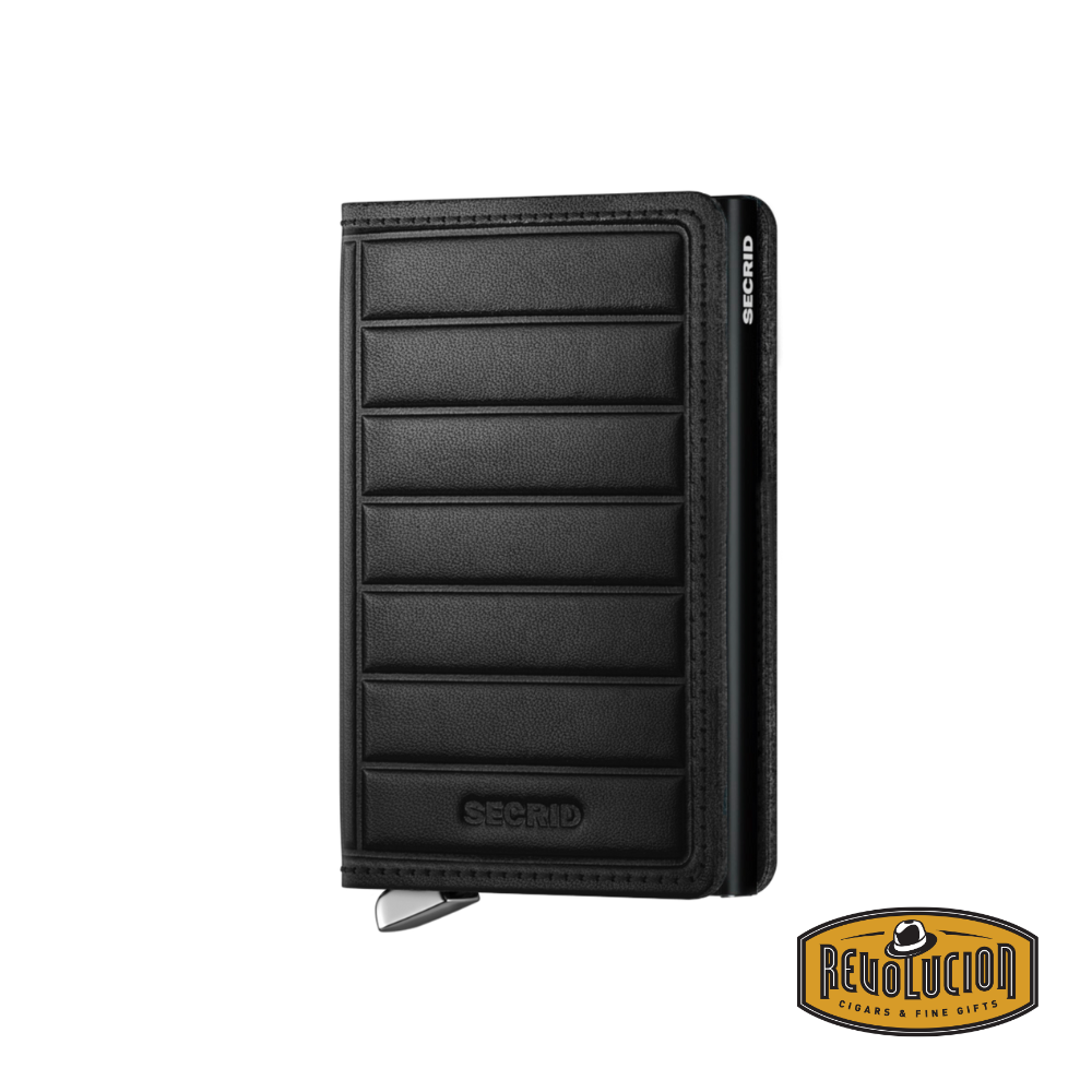 A closed Secrid Premium Slimwallet RFID Emboss Lines Black, highlighting its sleek black leather construction, embossed line detailing, and compact, secure design.