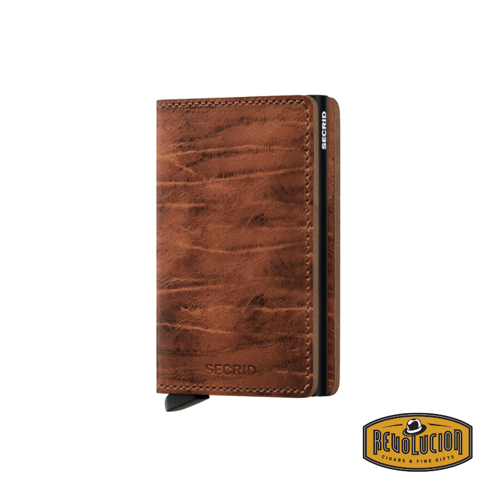 A closed Secrid SlimWallet RFID Dutch Martin Whiskey, showcasing smooth, high-quality Dutch Martin leather in a warm whiskey color, designed for secure and stylish everyday carry.
