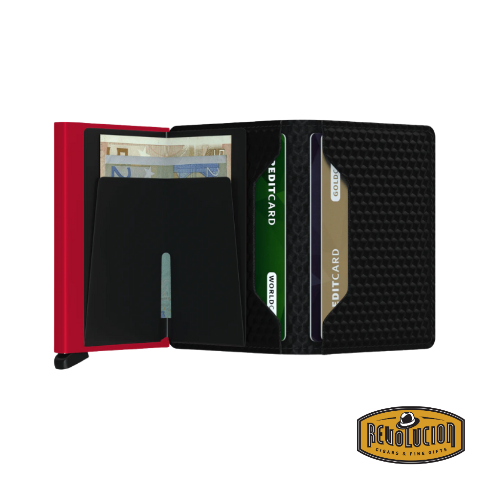 The Secrid Slimwallet in Cubic Black Red, fully opened, revealing red leather compartments and an RFID-blocking aluminum cardholder.