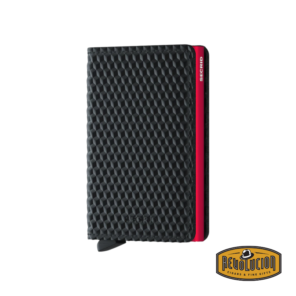 A stylish Secrid Slimwallet in Cubic Black Red, featuring an embossed geometric texture on the black leather exterior with red interior accents.