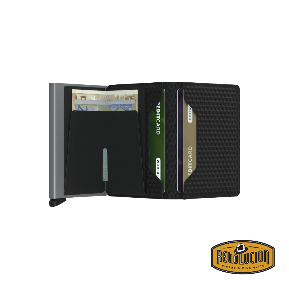 A sleek Secrid Slimwallet in Cubic Black Titanium, featuring an embossed geometric pattern on premium black leather with a subtle metallic sheen.