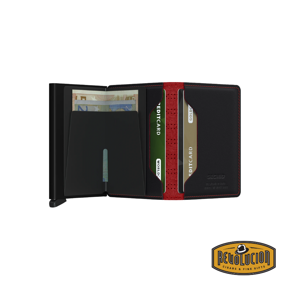 The Secrid Slimwallet in Fuel Black Red, fully opened, showcasing the vibrant red interior and multiple card slots for secure storage.