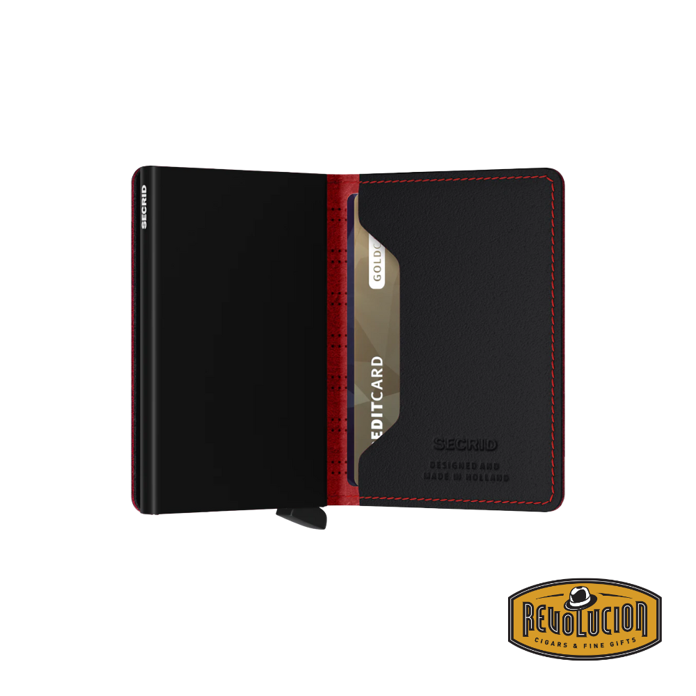 The Secrid Slimwallet in Fuel Black Red, partially opened, revealing the RFID-blocking aluminum cardholder and premium leather compartments.