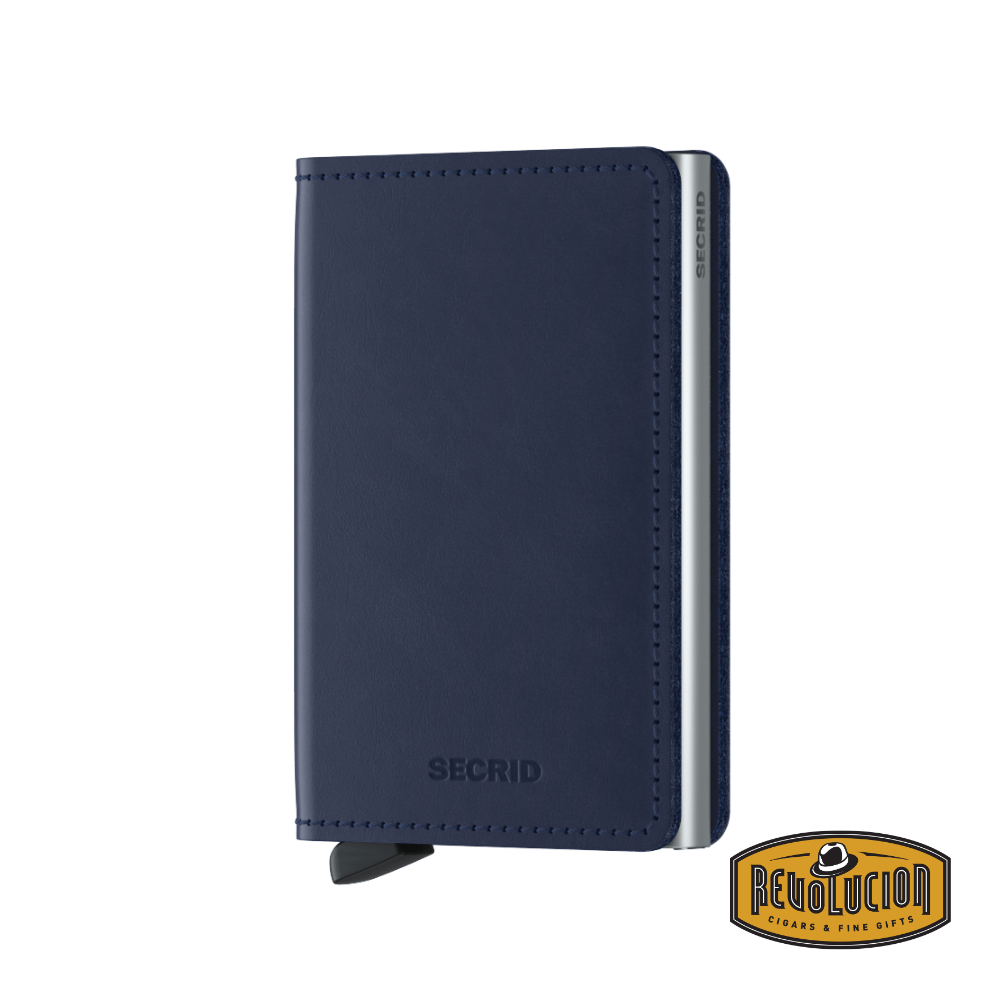 A sleek and minimalist Secrid Slimwallet in Original Navy, crafted from smooth leather with a deep navy hue, offering a slim and elegant profile.