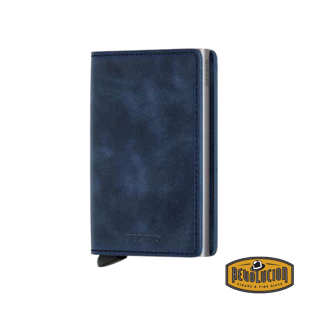Secrid Slimwallet RFID Vintage Blue - Closed View: A compact, blue leather Secrid Slimwallet with a vintage finish, securely closed, showing its sleek and minimalist design.