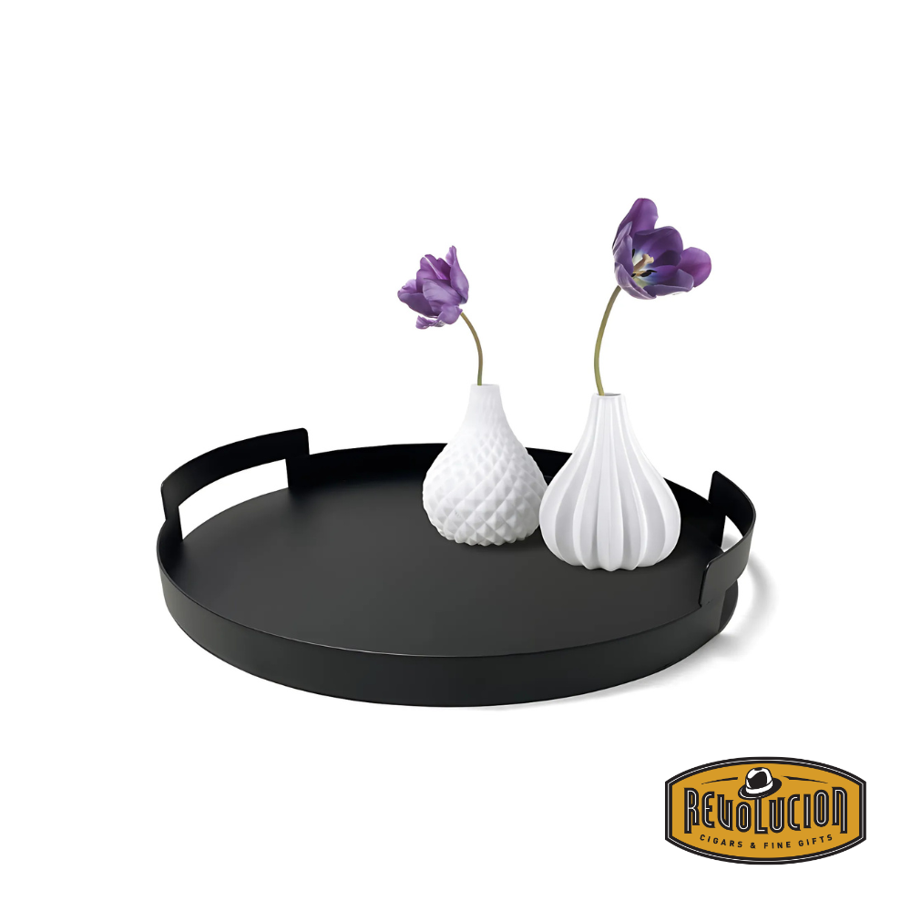 Black metal serving tray with decorative flowers, styled for display or home decor inspiration.