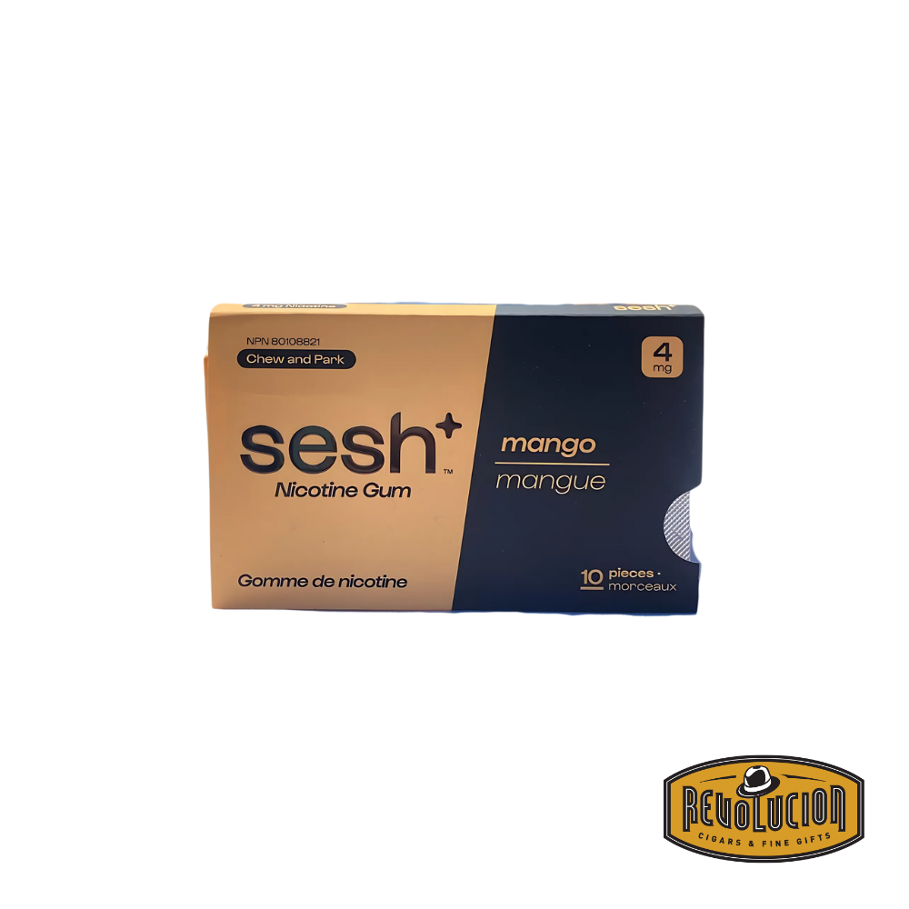 Sesh Smokeless Gum Mango 4mg pack with vibrant mango-themed design.