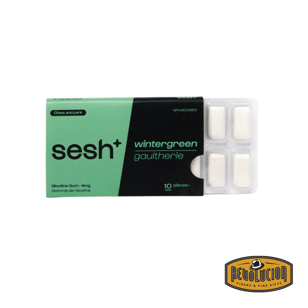 Box of Sesh Smokeless Gum Wintergreen 4mg/g with a couple of gum pieces displayed in front.