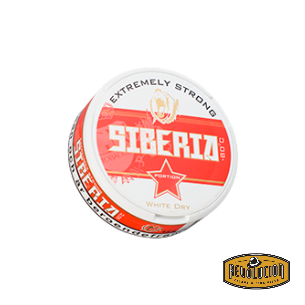 A can of Siberia SNUS Signature Slim with a potent 43MG nicotine strength, designed in red and white packaging with bold branding.