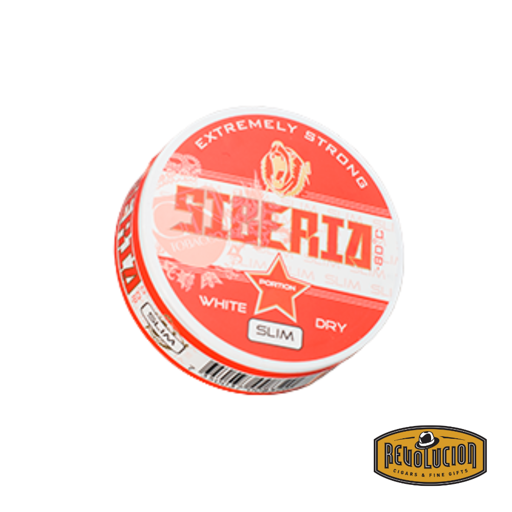 A red and white can of Siberia SNUS Signature Slim, featuring bold typography and a strong nicotine concentration of 22MG per pouch.