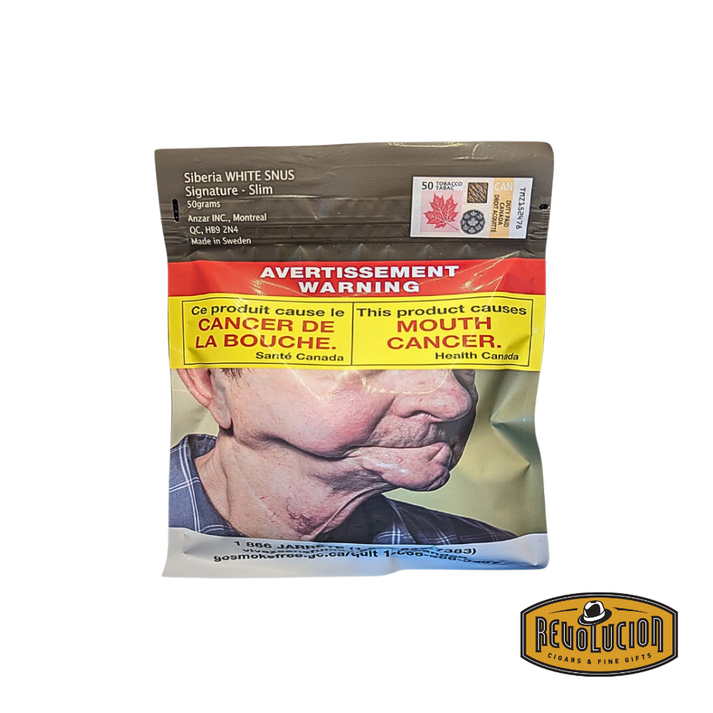 Plain packaging bag of Siberia WHITE SNUS Signature Slim 50g XL Value Pack with 11mg nicotine.