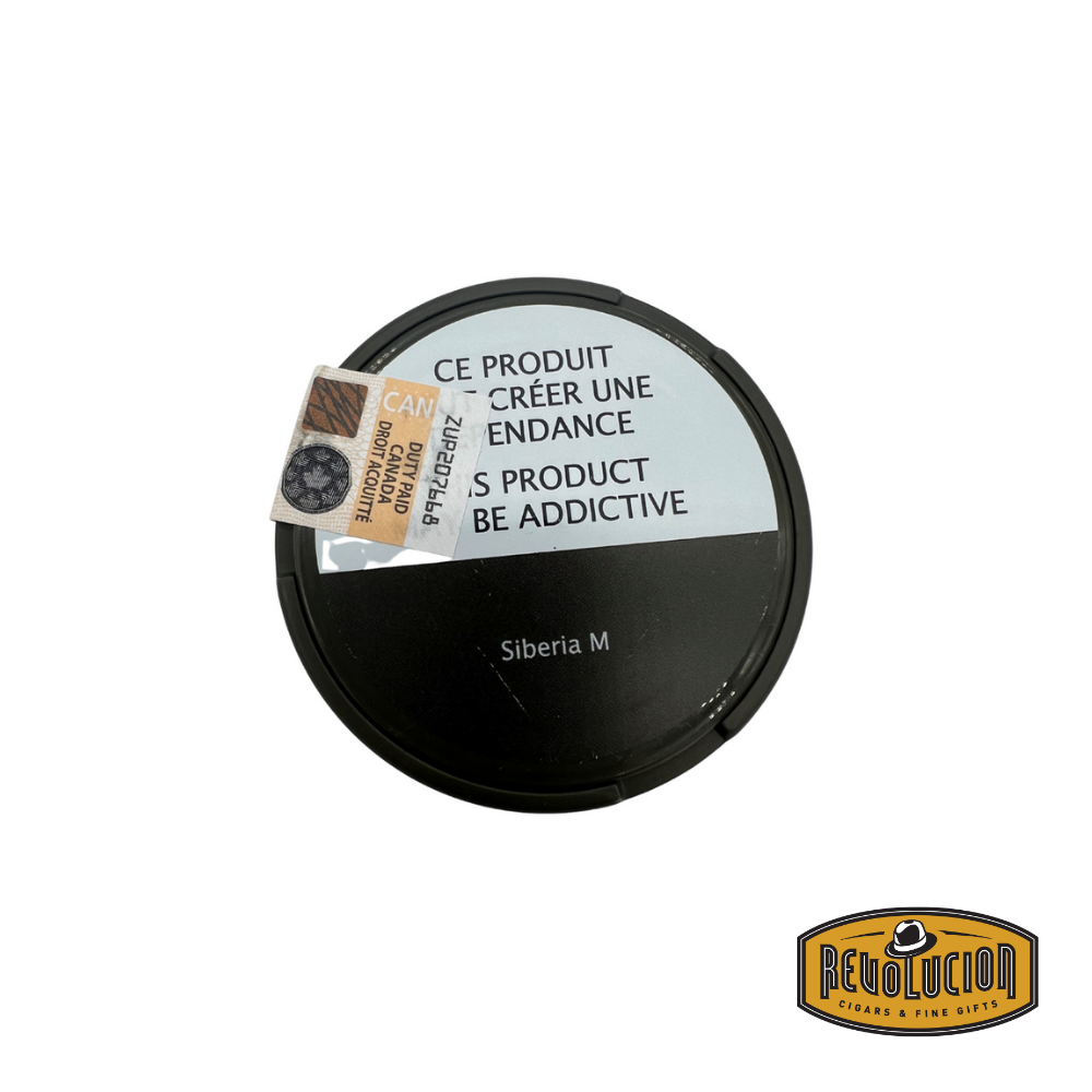 Closed can of Siberia White Dry Mini, featuring 19.5 mg nicotine per pouch in a compact design.