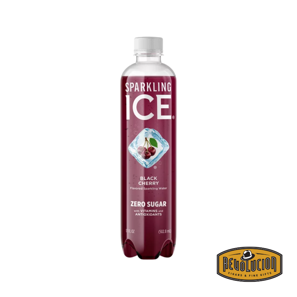 Sparkling Ice – Black Cherry flavor in a clear, slender bottle with bold purple labeling, showcasing the deep red, fruit-infused sparkling water with zero sugar and added vitamins.