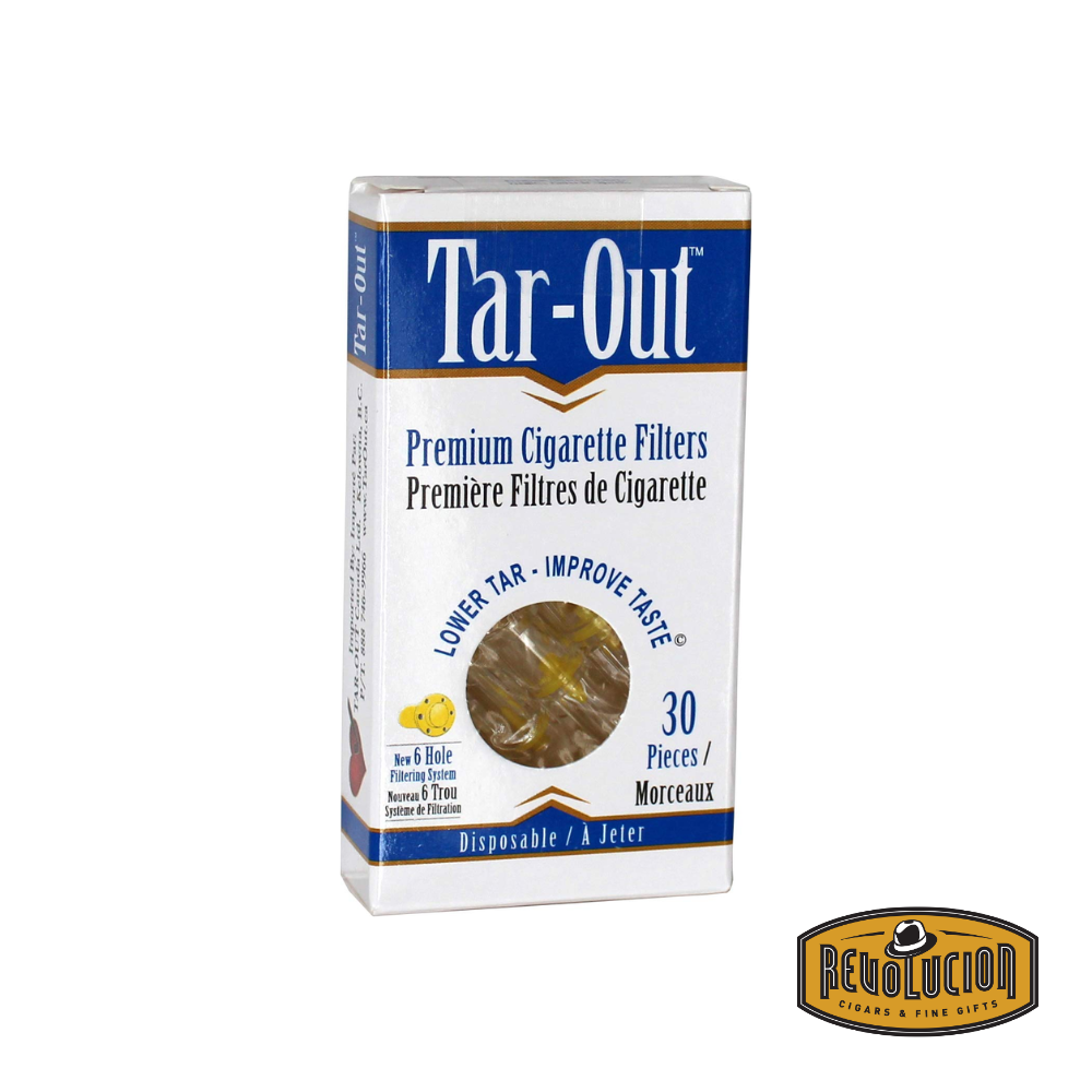 Tar Out Premium Disposable Cigarette Filters – box of 24 units designed to reduce tar and impurities while preserving flavor.