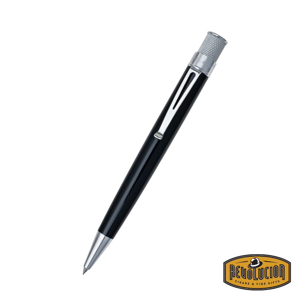 Retro 51 Tornado Retractable Black Rollerball Pen with a sleek matte black finish and a smooth retractable tip for effortless writing.