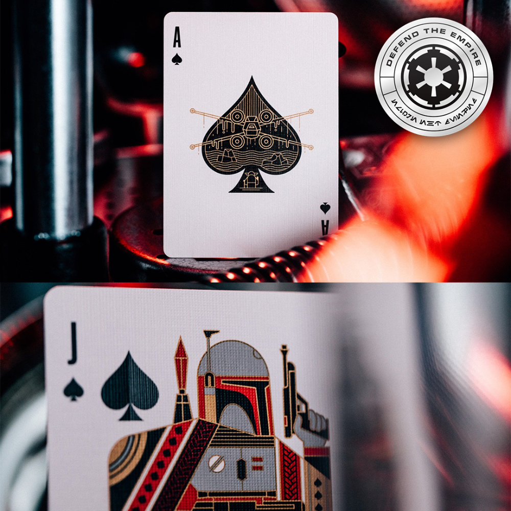 Inside of the black box showing the Theory11 Star Wars Silver Edition deck partially revealed.