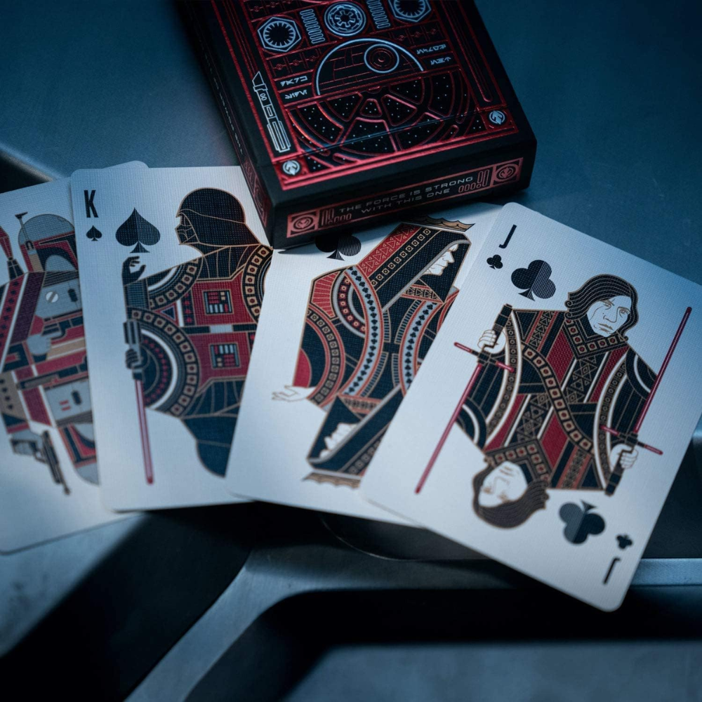 Inside view of the Theory11 Star Wars Playing Cards - The Dark Side, revealing character artwork and dark-themed card backs.