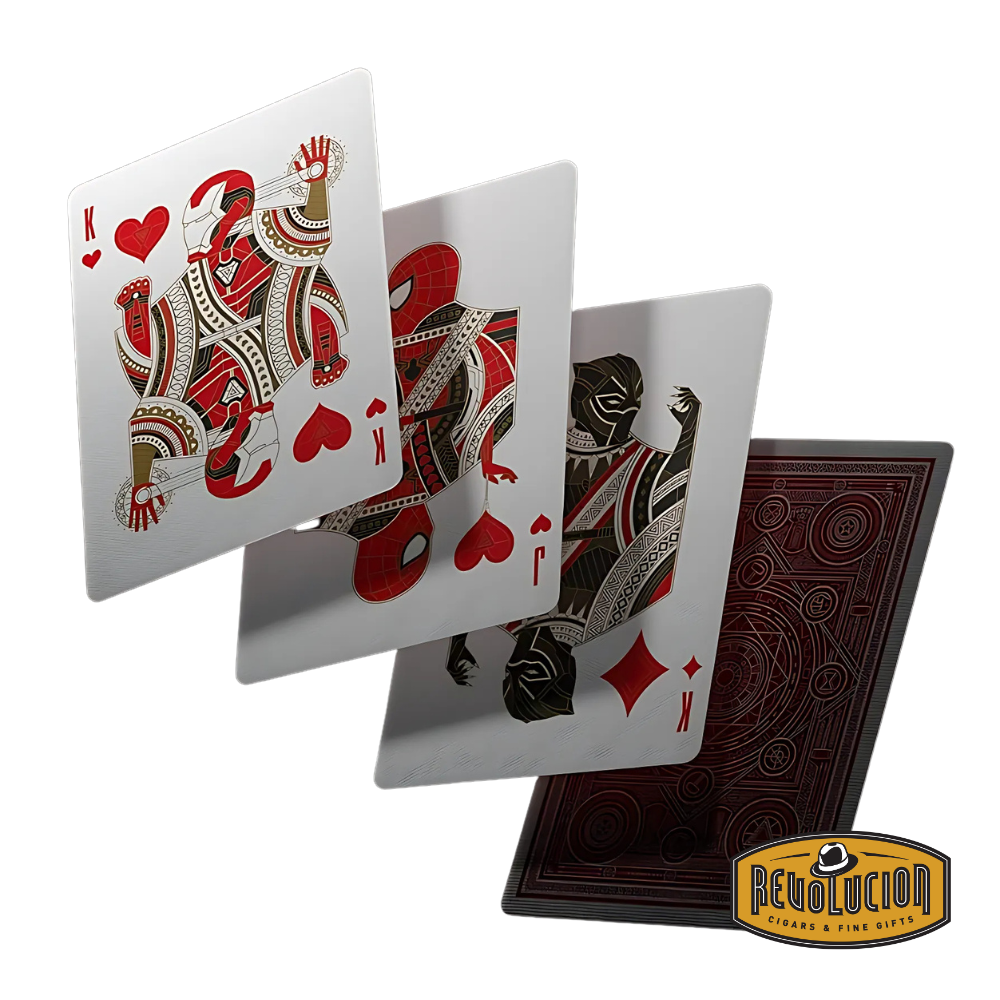 Spread of Theory 11 Avengers Playing Cards Red Edition showcasing character-themed card faces and elegant red backs.