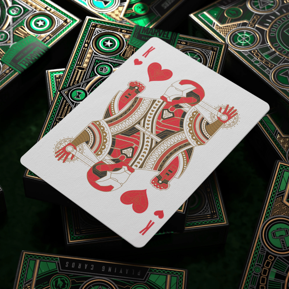 Close-up of an Iron Man card from the Theory 11 Avengers Green deck with a matching themed background.