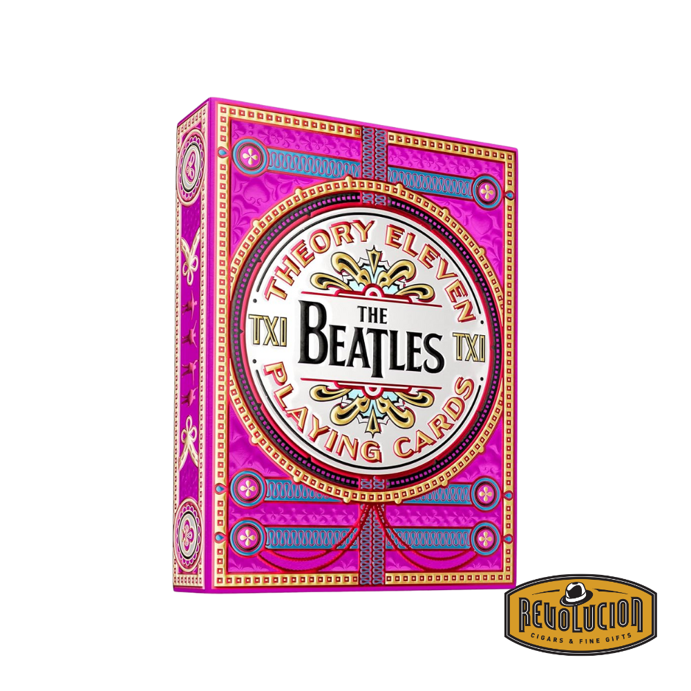Theory 11 Beatles Playing Cards Pink Edition box with vibrant psychedelic design, logo of Revolucion in the corner.
