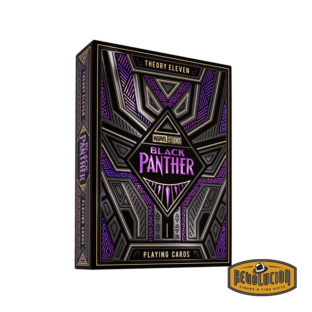 Close-up of the Theory 11 Black Panther Playing Cards box showcasing its gold foil detailing and Marvel branding.