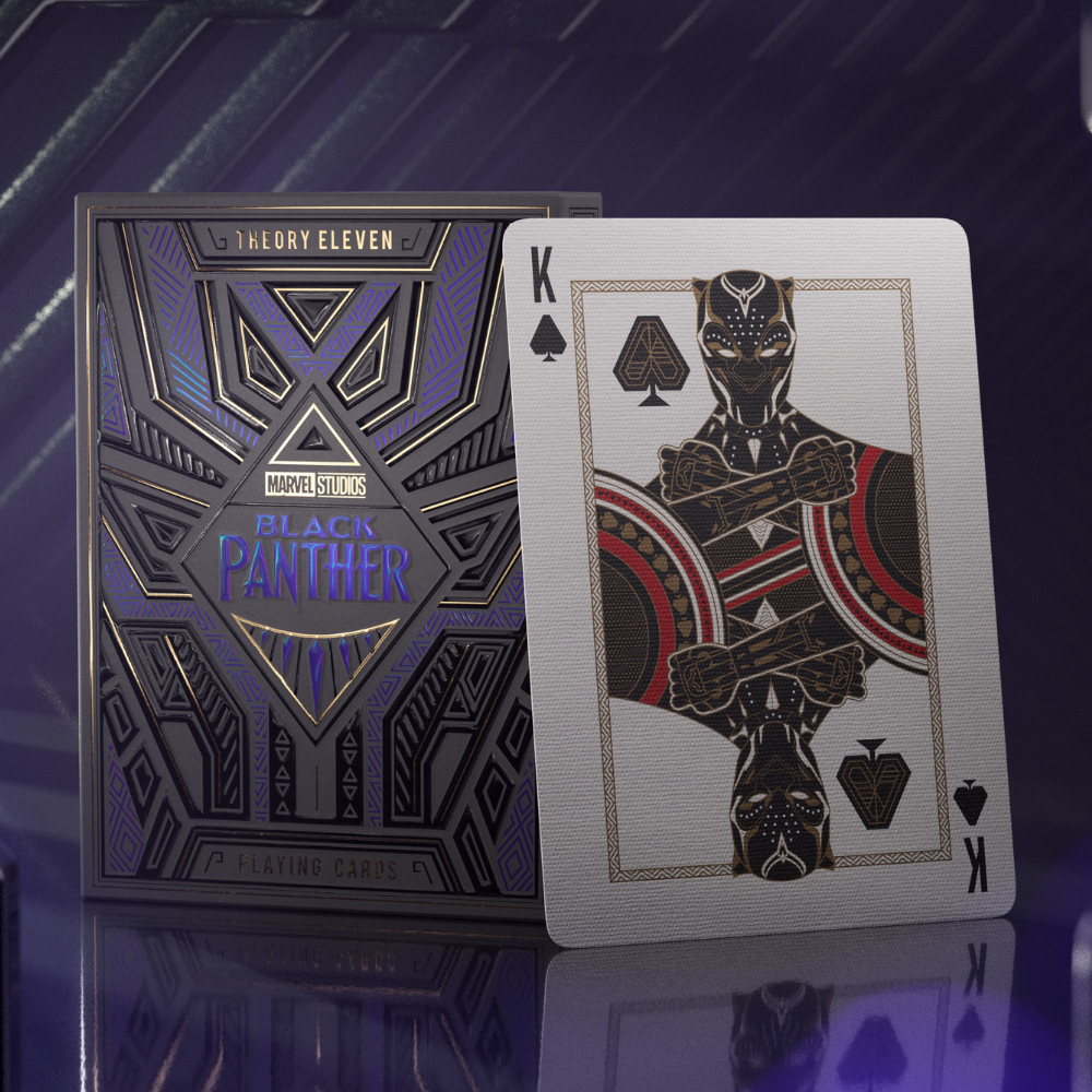 Theory 11 Black Panther Playing Cards box displayed with a character card and a background inspired by Black Panther’s universe.