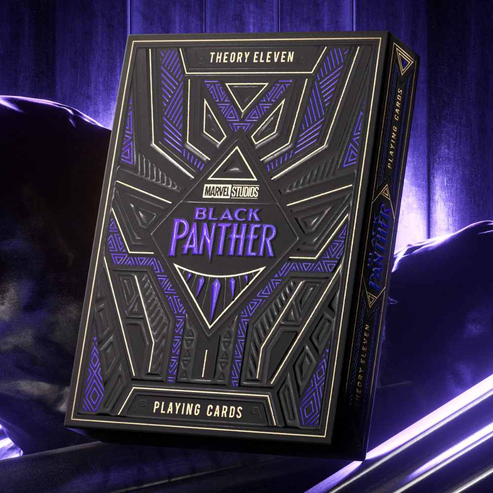 Theory 11 Black Panther Playing Cards box set against a dynamic Wakanda-themed background.