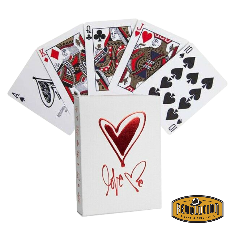 Box of Theory 11 Love Me Playing Cards opened to reveal beautifully designed cards with elegant red and white accents.