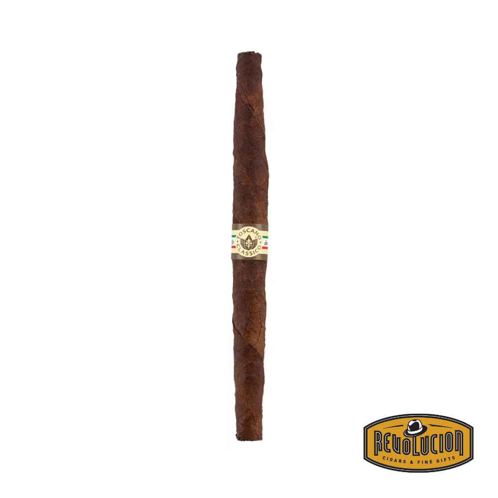 Single Toscano Classico Medium-Full Strength Italian Cigarillo displaying its rustic, dry-cured finish and tapered shape on a neutral background.
