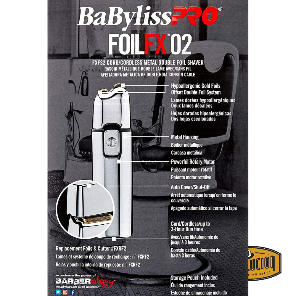 Detailed product display of the BaBylissPRO FOILFX02 shaver showing labeled features including hypoallergenic gold foils, metal housing, rotary motor, and runtime information, with a barbershop setting in the background and Revolucion branding.