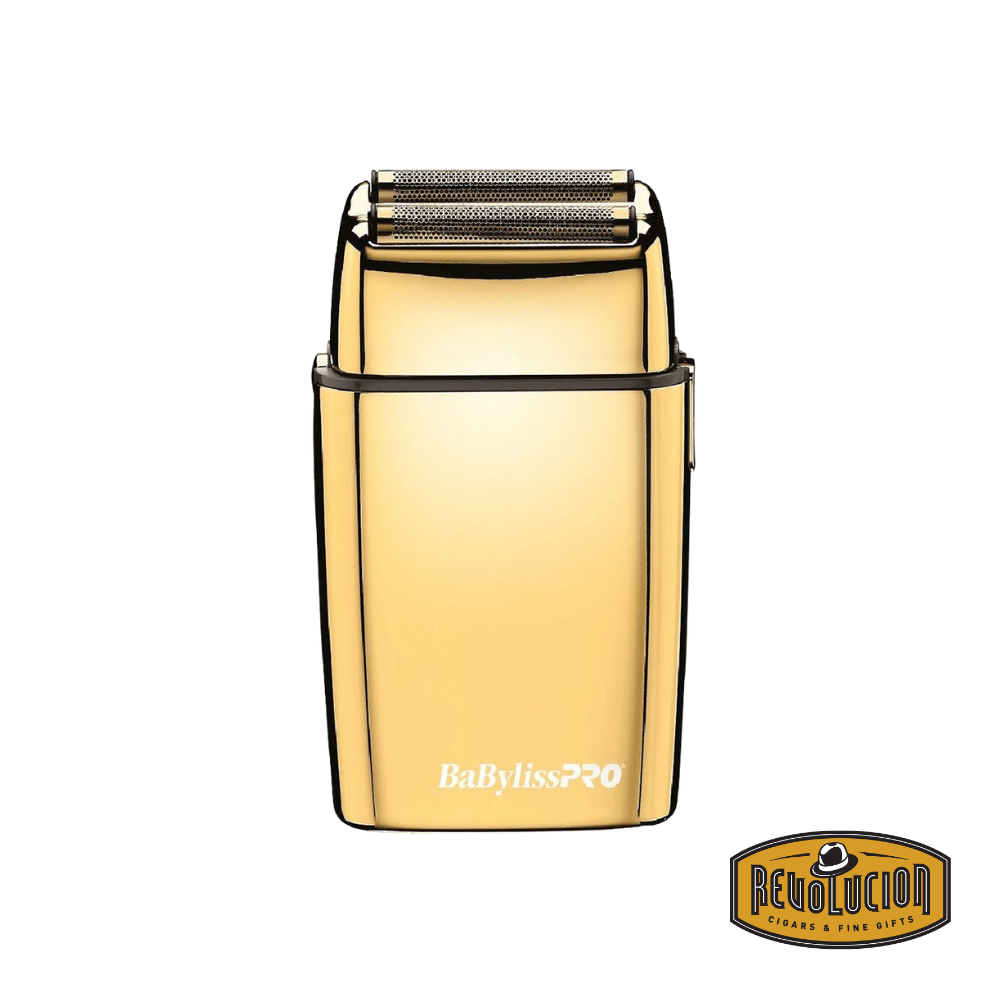 BabylissPro Foil FX02 Gold trimmer featuring a sleek, all-metal gold finish with dual foil shaving heads and ergonomic design.
