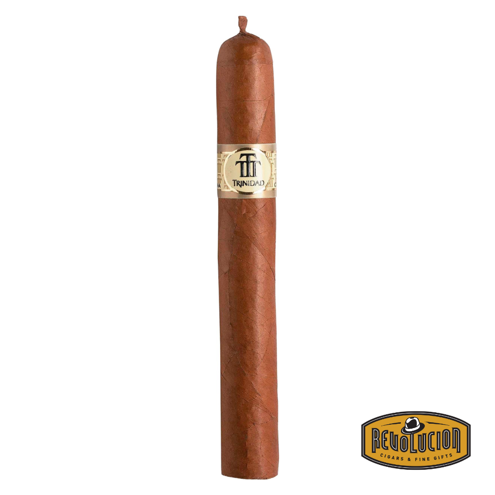 Trinidad Coloniales H/M Corona Cuban cigar on a white background with the Revolucion logo, featuring a medium strength profile and the iconic Trinidad band.