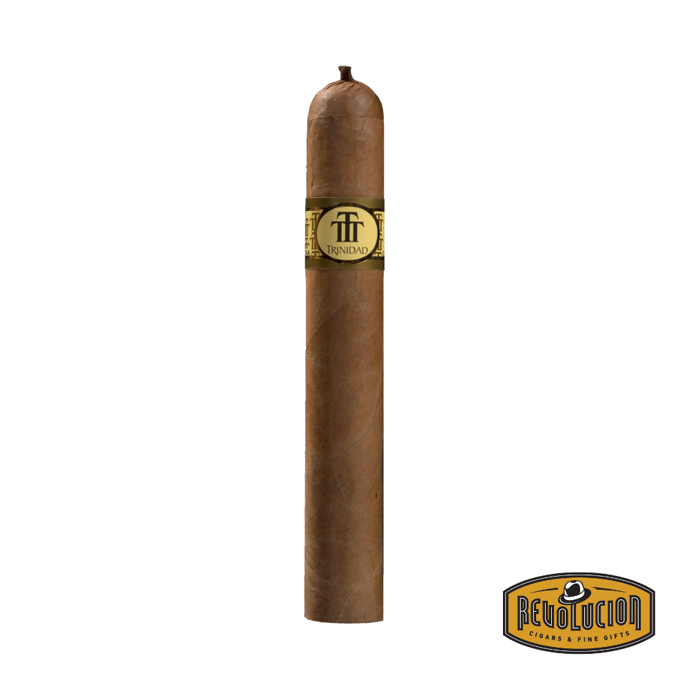 Trinidad Esmeralda H/M Robusto Extra Cuban cigar on a white background with the Revolucion logo, featuring a medium strength profile and the elegant Trinidad band.