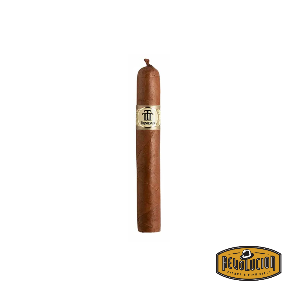 Trinidad Reyes H/M Petit Corona Cuban cigar on a white background with the Revolucion logo, featuring a medium strength profile and the classic Trinidad band.