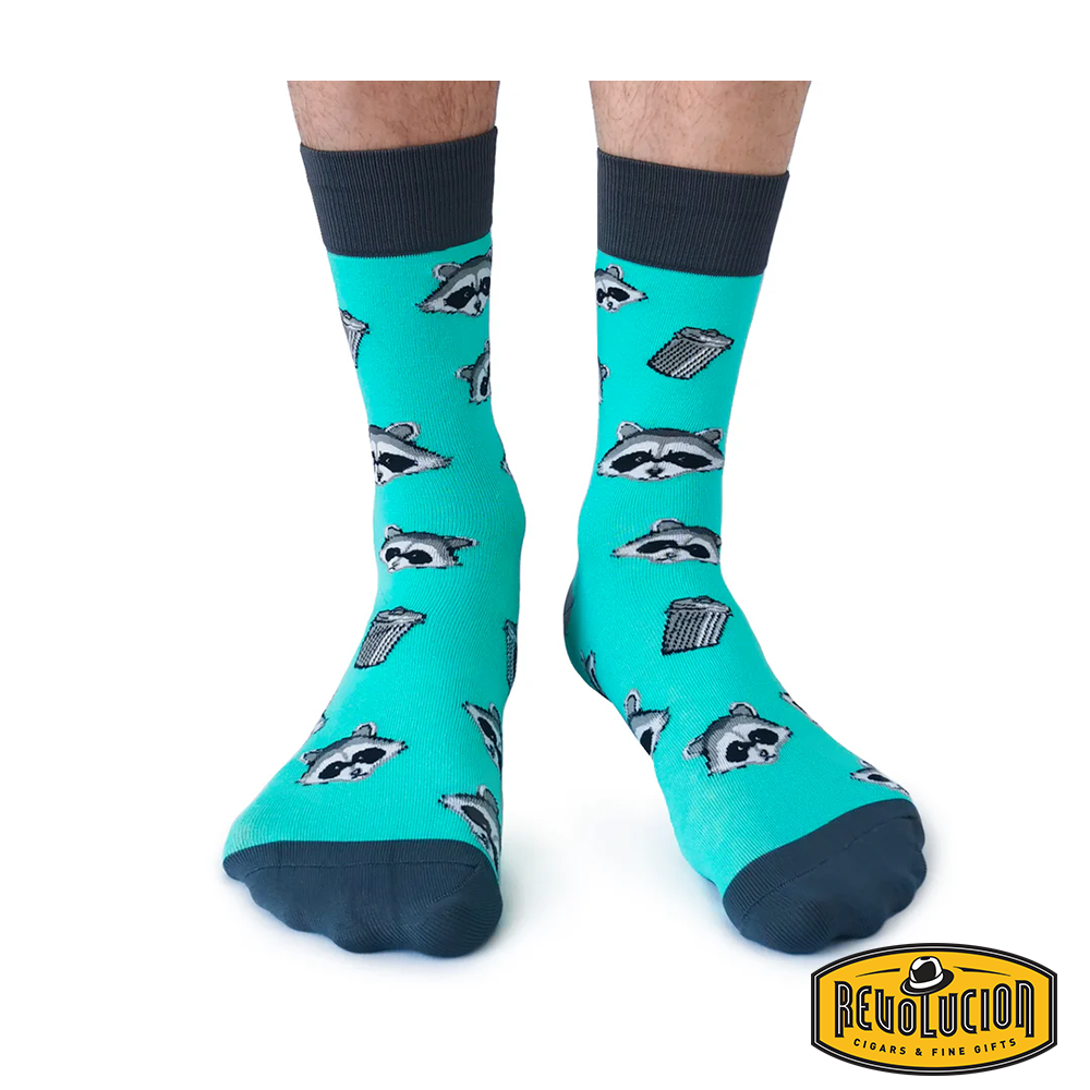 Front view of teal socks featuring playful raccoon and trash can graphics, with dark gray cuffs and toes. The socks are branded with the Revolucion Cigars &amp; Fine Gifts logo