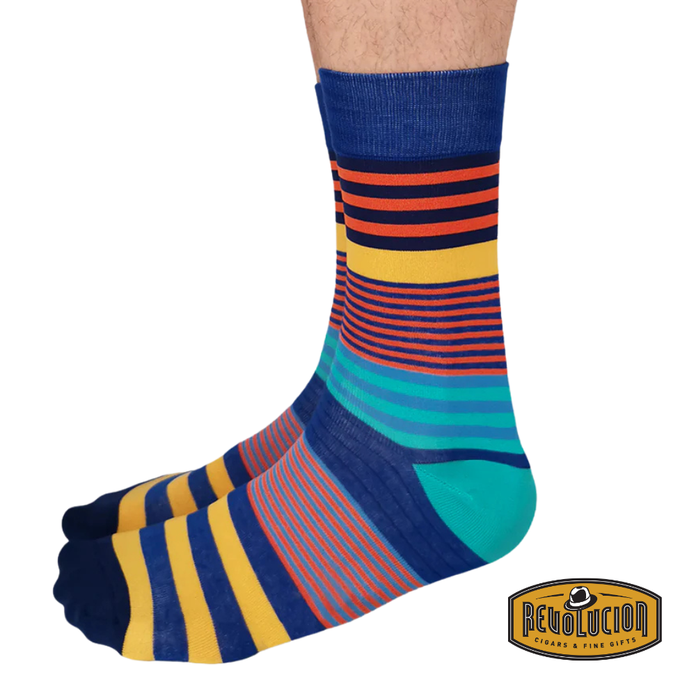 Side view of Uptown Colour Bands calf-length cotton unisex socks showcasing multicolored horizontal bands on a soft, breathable fabric.