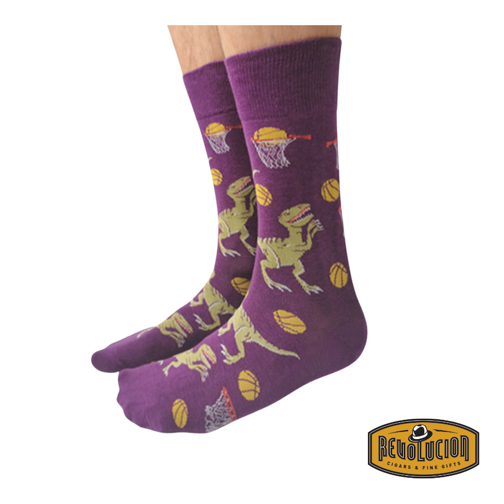Side view of Uptown Dino Basketball calf-length cotton unisex socks, featuring a playful dinosaur dunking a basketball, perfect for sports and dino lovers alike.