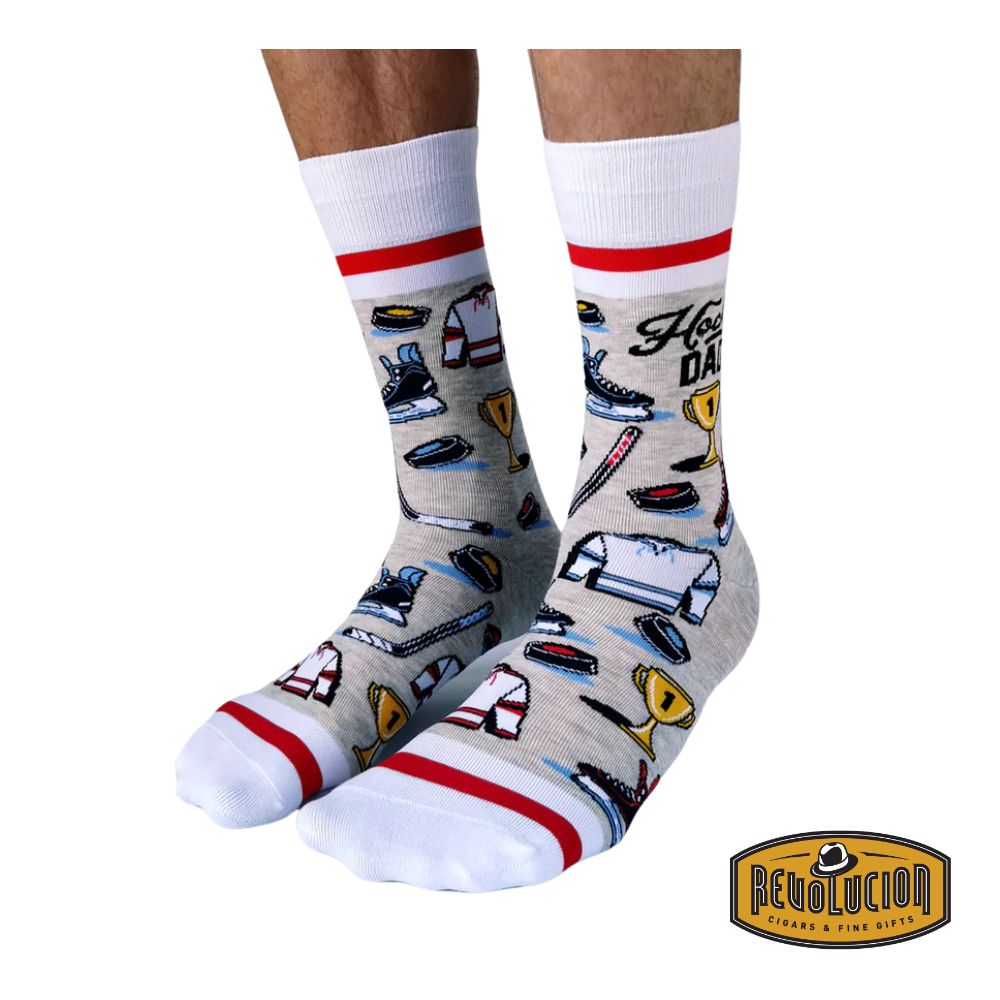 Front view of Uptown Hockey Dad calf-length cotton unisex socks, featuring a bold hockey-themed design with crossed sticks and a fun tribute to hockey dads.