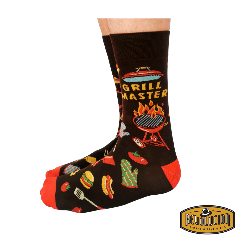 Side profile of Uptown Grill Master calf-length cotton socks, showcasing their breathable fabric and fun grilling-themed design.