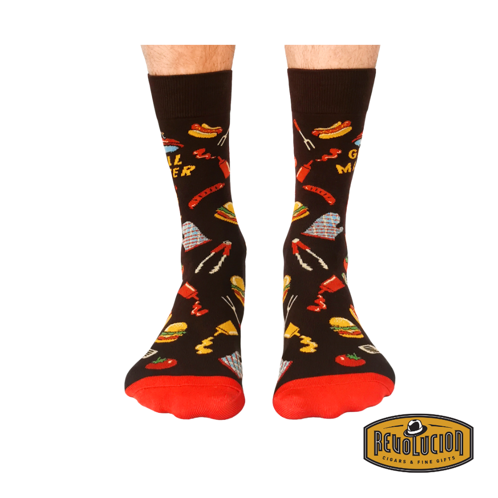 Uptown Grill Master calf-length cotton socks, a trendy unisex design featuring a playful BBQ-inspired pattern for ultimate comfort and style.