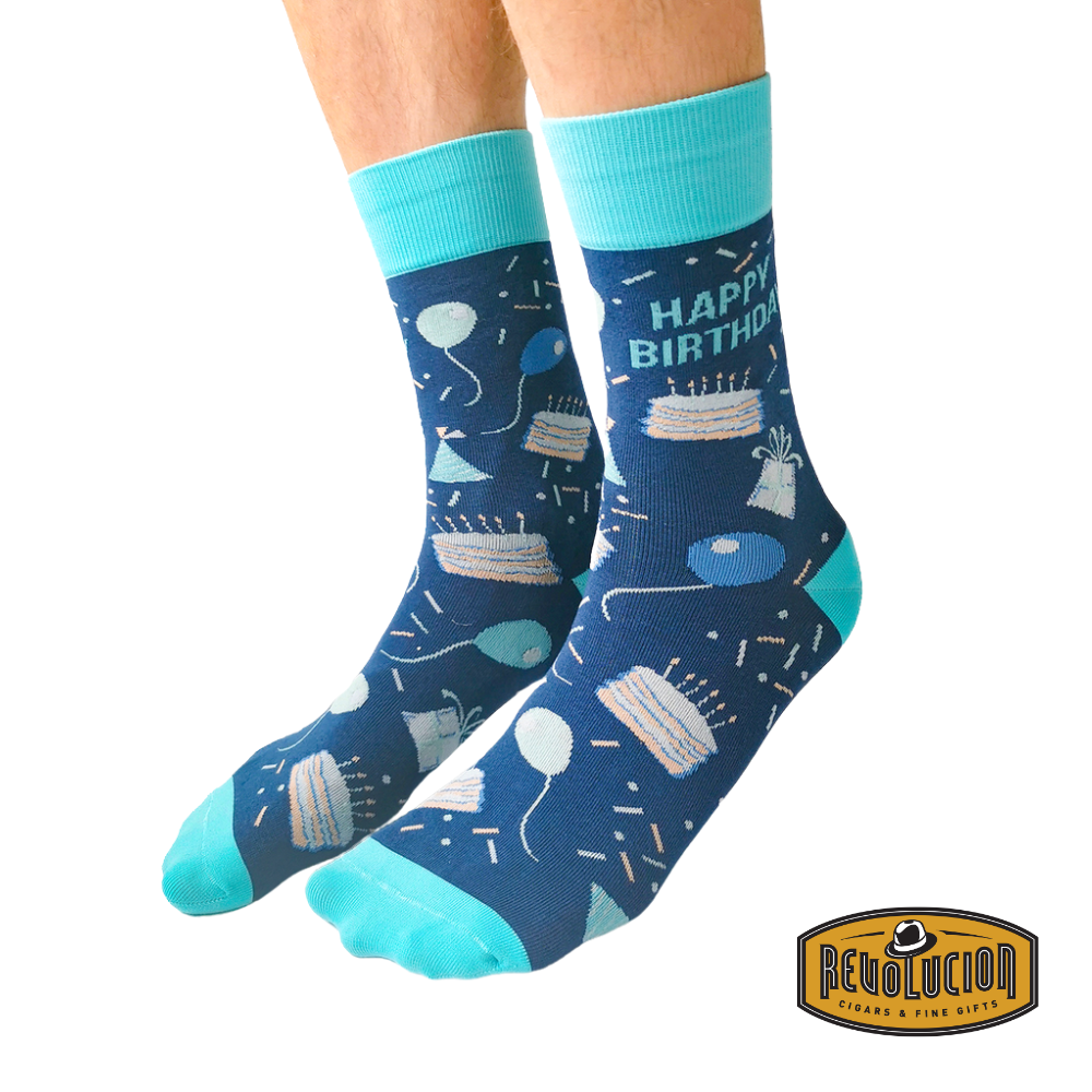 Colorful Uptown Happy Birthday calf-length cotton unisex socks, featuring a festive birthday-themed design with vibrant patterns and celebratory elements.
