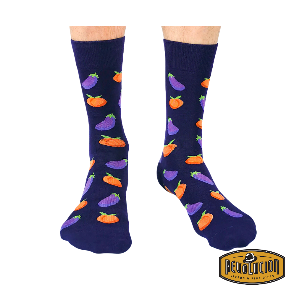 Side view of Uptown Just Peachy calf-length cotton unisex socks showcasing a vibrant peach pattern for a fun and trendy look.