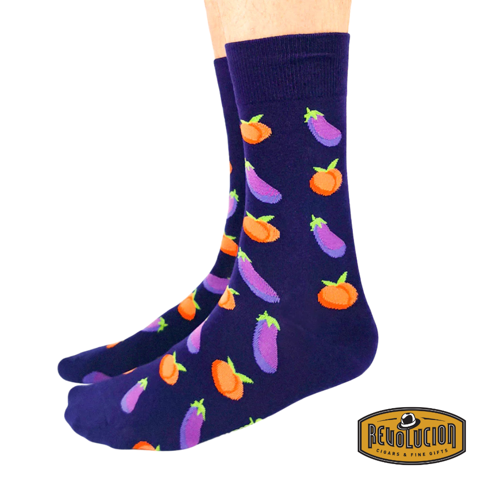 Front view of Uptown Just Peachy calf-length cotton unisex socks featuring a playful peach design on a soft fabric.