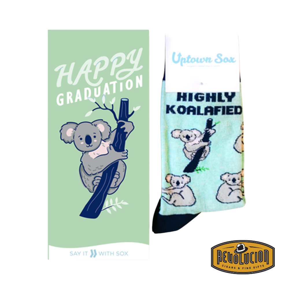 Uptown Koalafield calf-length cotton unisex socks, featuring an adorable koala design, presented in a stylish gift box with a greeting card.