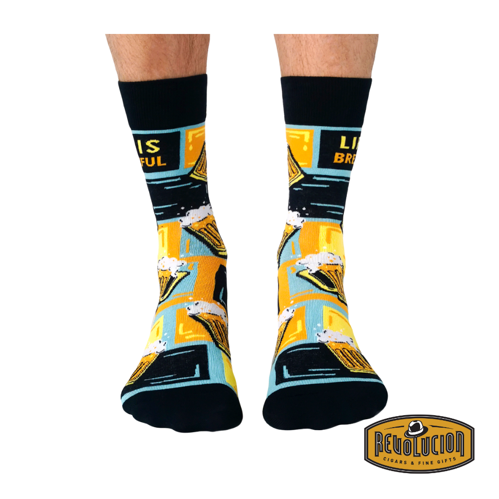Uptown Life is Brewtiful calf-length cotton trendy socks, front view featuring vibrant beer mugs and typography for a fun, casual style.